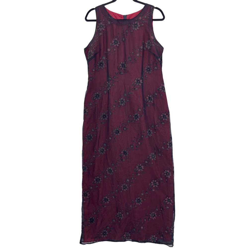 Vtg 90s Jessica Howard Black Burgundy Floral Mesh Maxi Dress 14 Sleeveless Goth